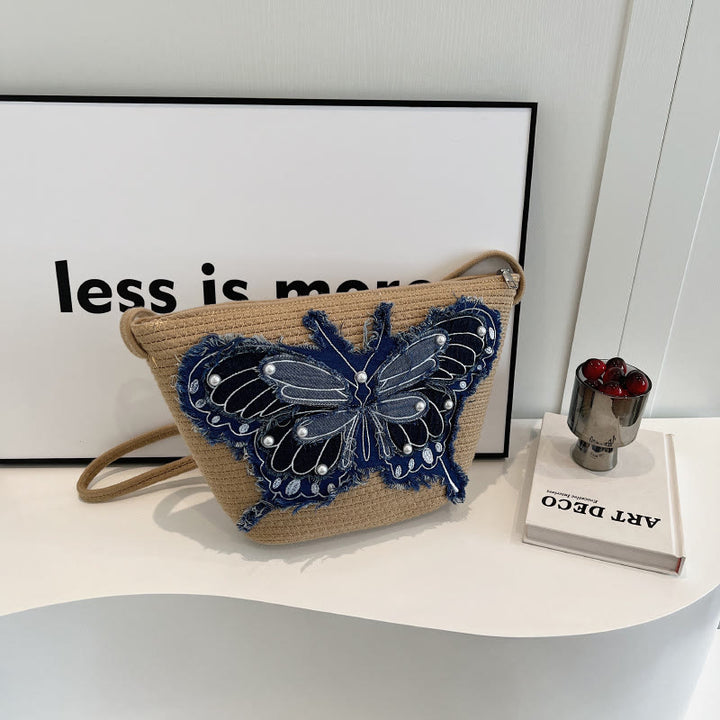 Stickerei Schmetterling Schultertasche Baumwolle Leinen Crossbody Geldbörse für Frauen
