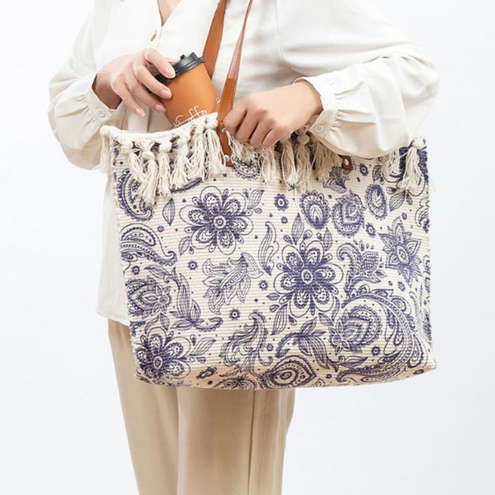 Tragetasche für Damen, Schultertasche aus Canvas mit Quaste und Bohemian-Print