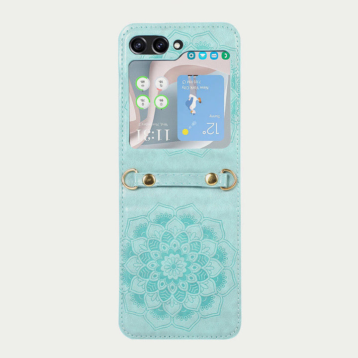 Handyhülle für Z Flip5 mit Blumenmuster, Leder, Umhängetasche