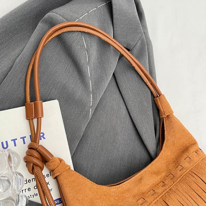 Quaste Unterarm Tasche für Frauen Retro Volltonfarbe Schultertasche
