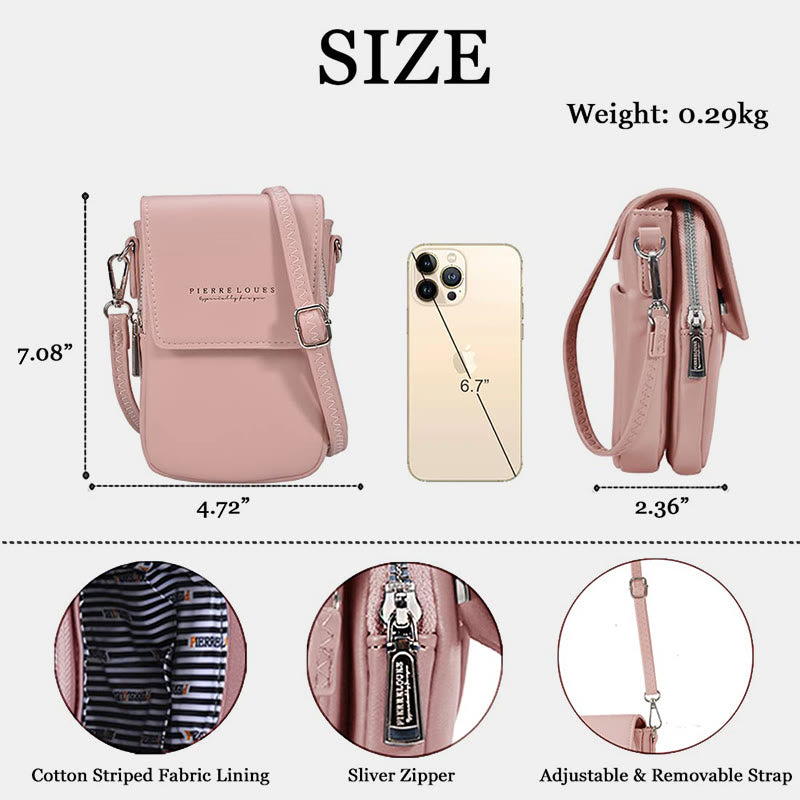 Mini-Telefontasche für Damen, Umhängetasche aus Leder mit zwei Fächern