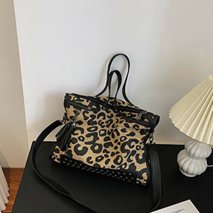 Tragetasche mit Leopardenmuster für Damen, strapazierfähige Umhängetasche mit Nieten