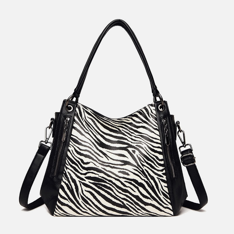 Tote mit Leoparden-Zebra-Print für Damen, veganes Leder, große Handtasche