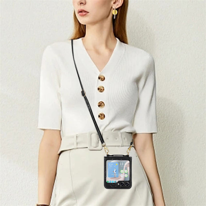 Handyhülle für Z Flip5 mit Blumenmuster, Leder, Umhängetasche