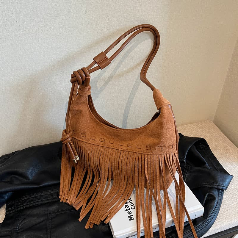 Quaste Unterarm Tasche für Frauen Retro Volltonfarbe Schultertasche