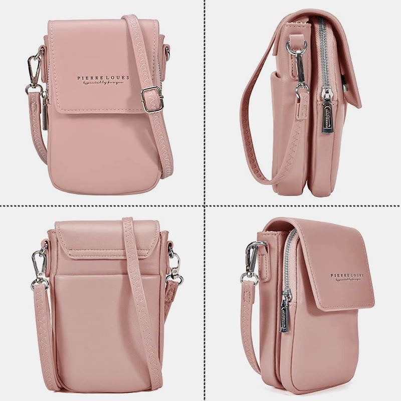 Mini-Telefontasche für Damen, Umhängetasche aus Leder mit zwei Fächern