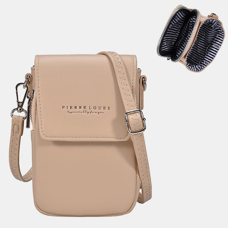 Mini-Telefontasche für Damen, Umhängetasche aus Leder mit zwei Fächern