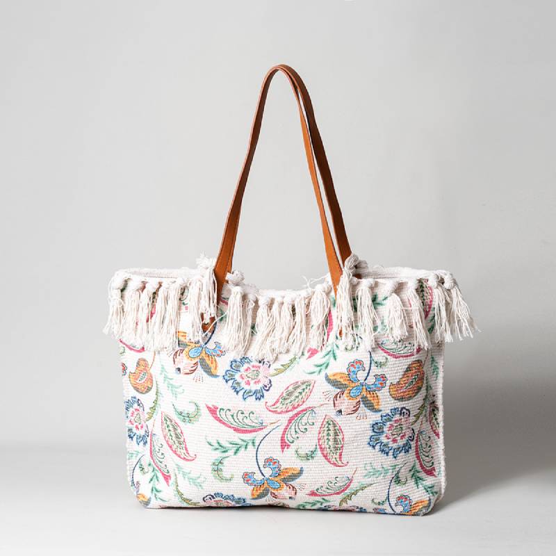 Tragetasche für Damen, Schultertasche aus Canvas mit Quaste und Bohemian-Print