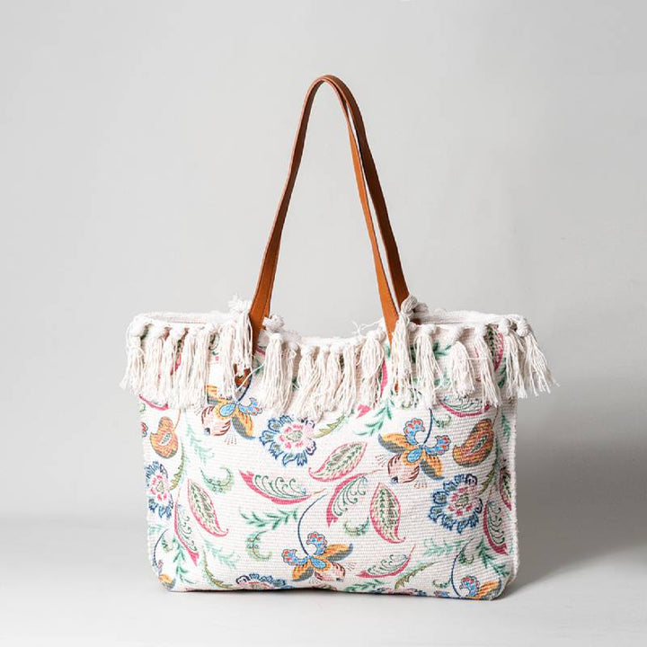 Tragetasche für Damen, Schultertasche aus Canvas mit Quaste und Bohemian-Print
