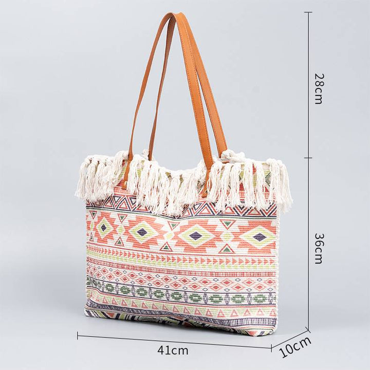 Tragetasche für Damen, Schultertasche aus Canvas mit Quaste und Bohemian-Print