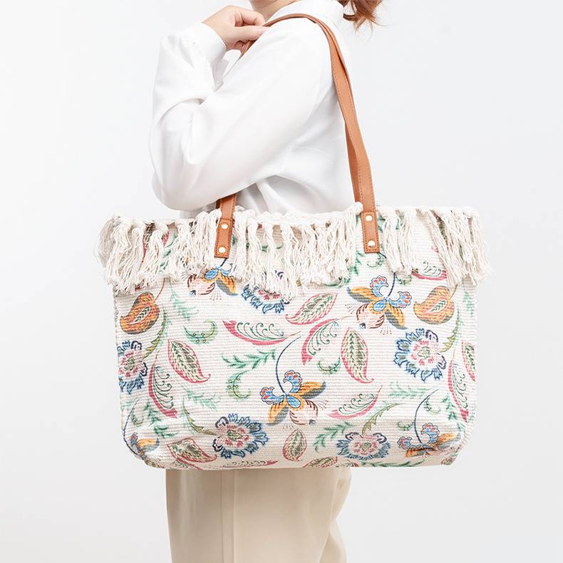 Tragetasche für Damen, Schultertasche aus Canvas mit Quaste und Bohemian-Print