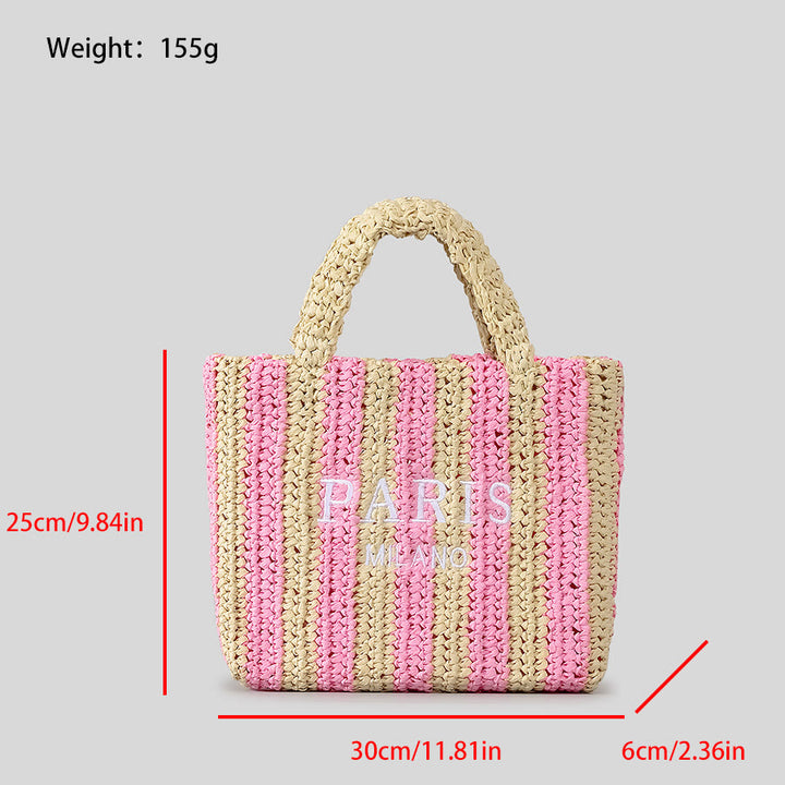 Strandtasche für Damen, Sommer, Urlaub, Reise, gestreifte Strohhandtasche