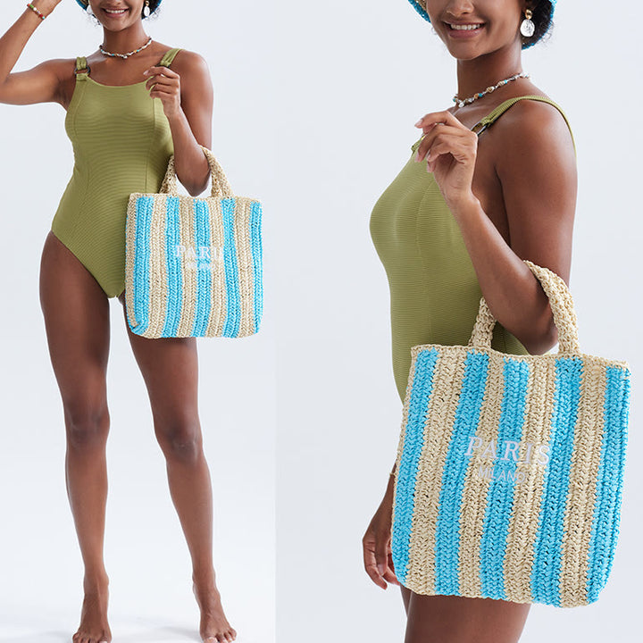 Strandtasche für Damen, Sommer, Urlaub, Reise, gestreifte Strohhandtasche
