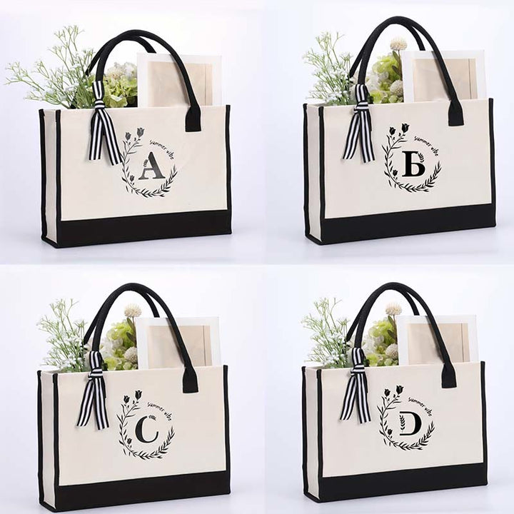 Personalisierte Einkaufstasche aus Canvas mit Blumenmuster und Initialen