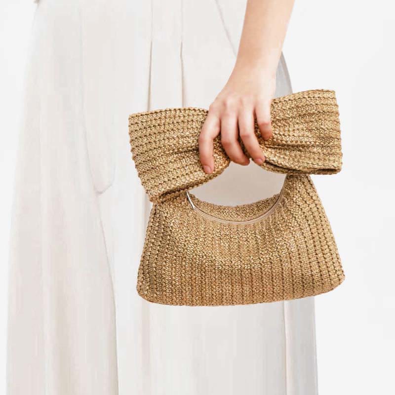 Clutch mit Schleife aus gewebtem Stroh für Damen, Strandparty, Handtasche