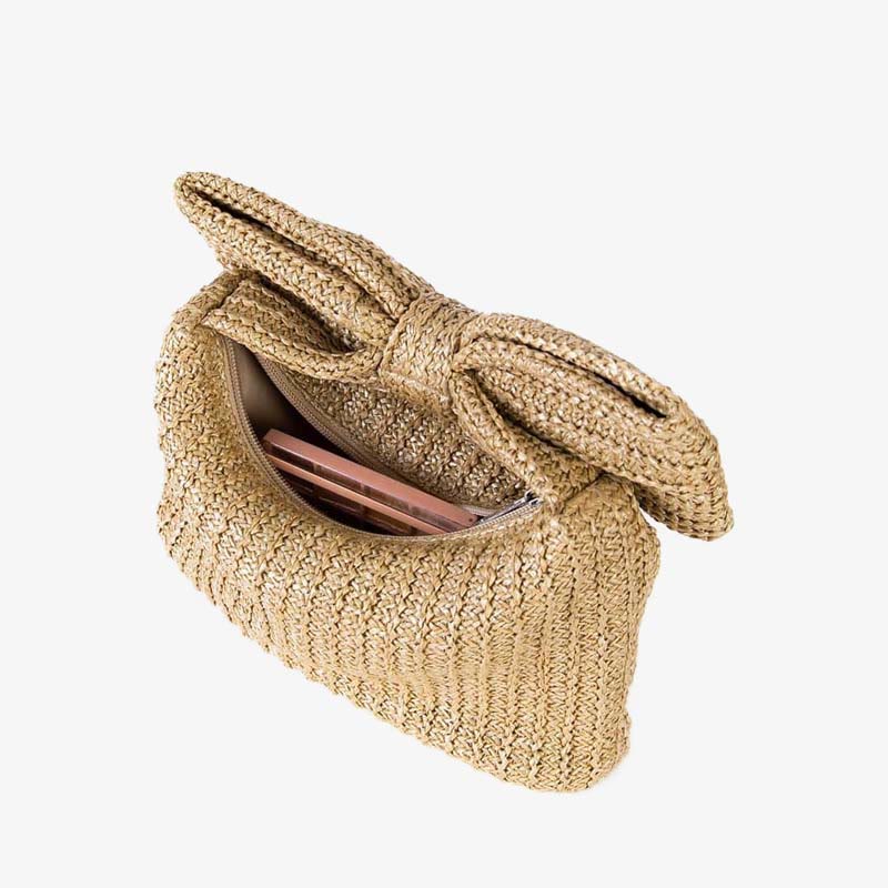 Clutch mit Schleife aus gewebtem Stroh für Damen, Strandparty, Handtasche