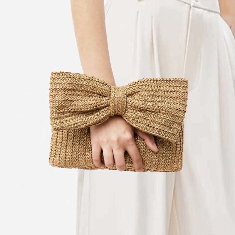 Clutch mit Schleife aus gewebtem Stroh für Damen, Strandparty, Handtasche