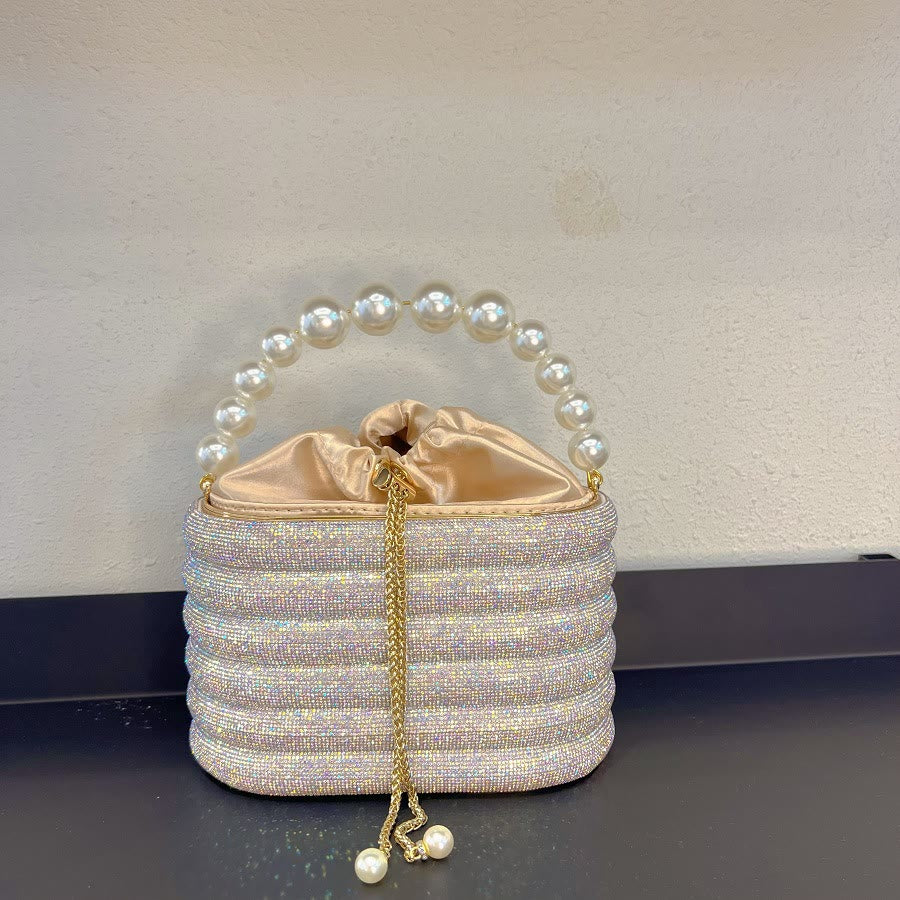 Diamant-Perlen-Kettentasche für Damen, Party-Umhängetasche mit Kordelzug