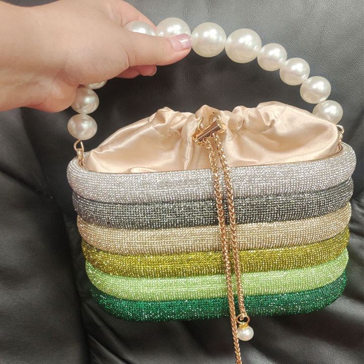 Diamant-Perlen-Kettentasche für Damen, Party-Umhängetasche mit Kordelzug
