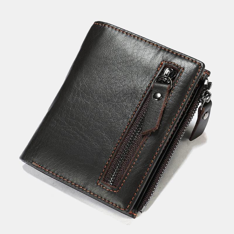 Bifold-Geldbörse für Herren aus echtem Leder mit Kartenhalter und doppeltem Reißverschlussfach
