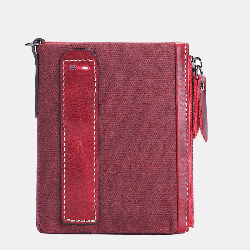 Geldbörse im Retro-Look aus echtem Canvas-Leder mit RFID-Blockierung und doppeltem Reißverschlussfach