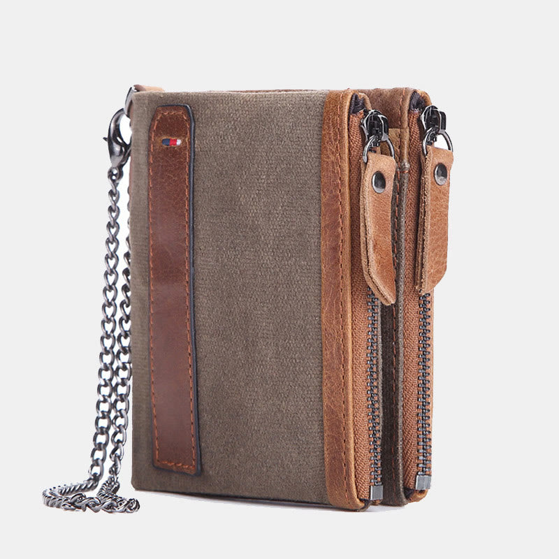 Geldbörse im Retro-Look aus echtem Canvas-Leder mit RFID-Blockierung und doppeltem Reißverschlussfach