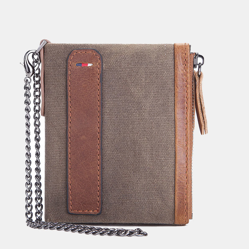 Geldbörse im Retro-Look aus echtem Canvas-Leder mit RFID-Blockierung und doppeltem Reißverschlussfach