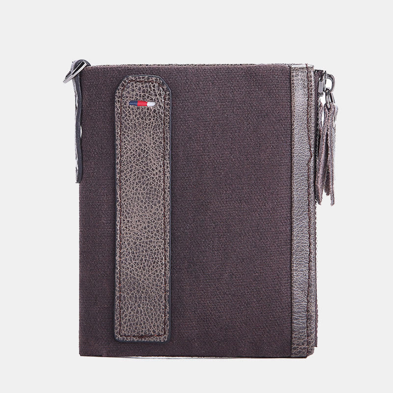 Geldbörse im Retro-Look aus echtem Canvas-Leder mit RFID-Blockierung und doppeltem Reißverschlussfach
