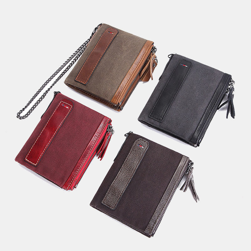 Geldbörse im Retro-Look aus echtem Canvas-Leder mit RFID-Blockierung und doppeltem Reißverschlussfach
