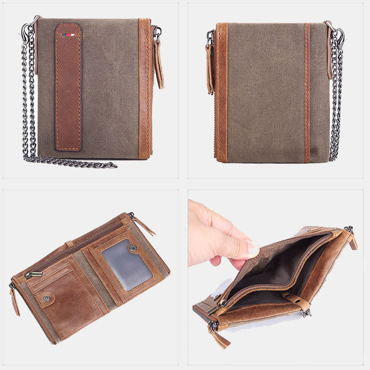 Geldbörse im Retro-Look aus echtem Canvas-Leder mit RFID-Blockierung und doppeltem Reißverschlussfach