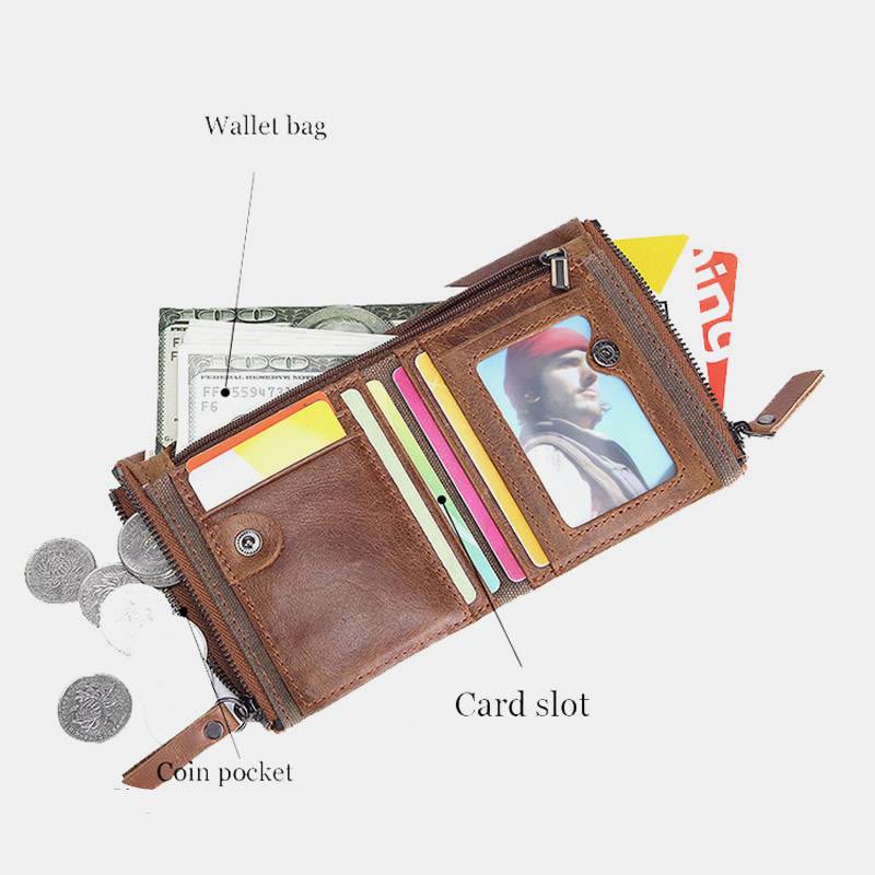 Geldbörse im Retro-Look aus echtem Canvas-Leder mit RFID-Blockierung und doppeltem Reißverschlussfach