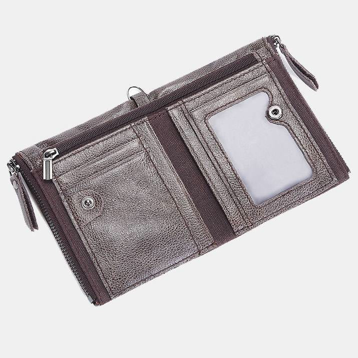 Geldbörse im Retro-Look aus echtem Canvas-Leder mit RFID-Blockierung und doppeltem Reißverschlussfach