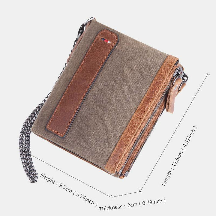 Geldbörse im Retro-Look aus echtem Canvas-Leder mit RFID-Blockierung und doppeltem Reißverschlussfach