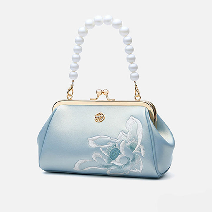 Abendtasche mit Perlenkette und Lotusstickerei