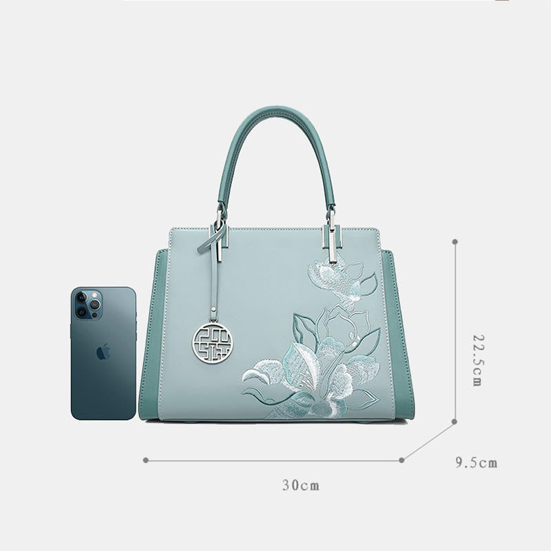 Handtasche aus echtem Leder mit Magnolienblumen-Stickerei