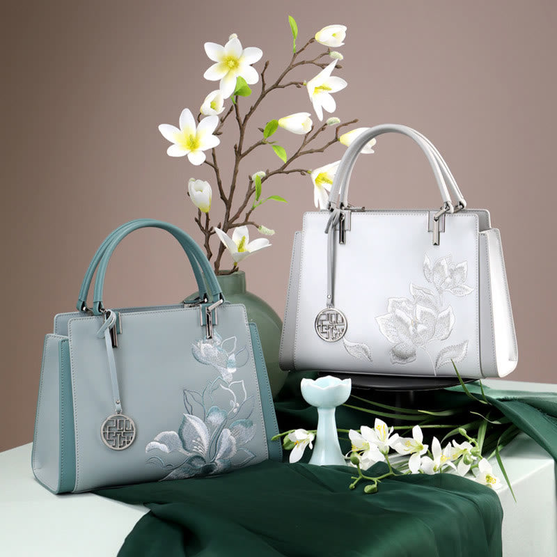 Handtasche aus echtem Leder mit Magnolienblumen-Stickerei