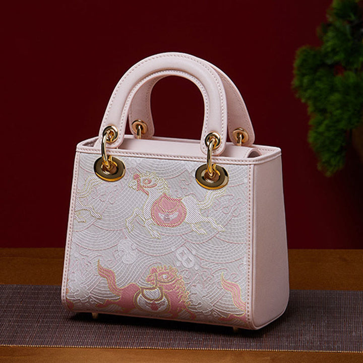 Echtes Leder Song Brokat Stickerei Maulbeerseide Quadratische Handtasche