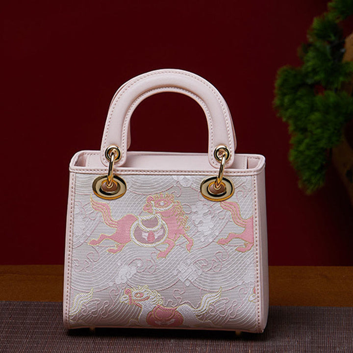 Echtes Leder Song Brokat Stickerei Maulbeerseide Quadratische Handtasche
