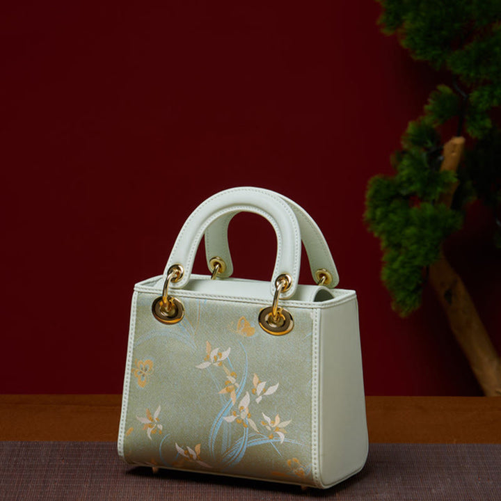 Echtes Leder Song Brokat Stickerei Maulbeerseide Quadratische Handtasche