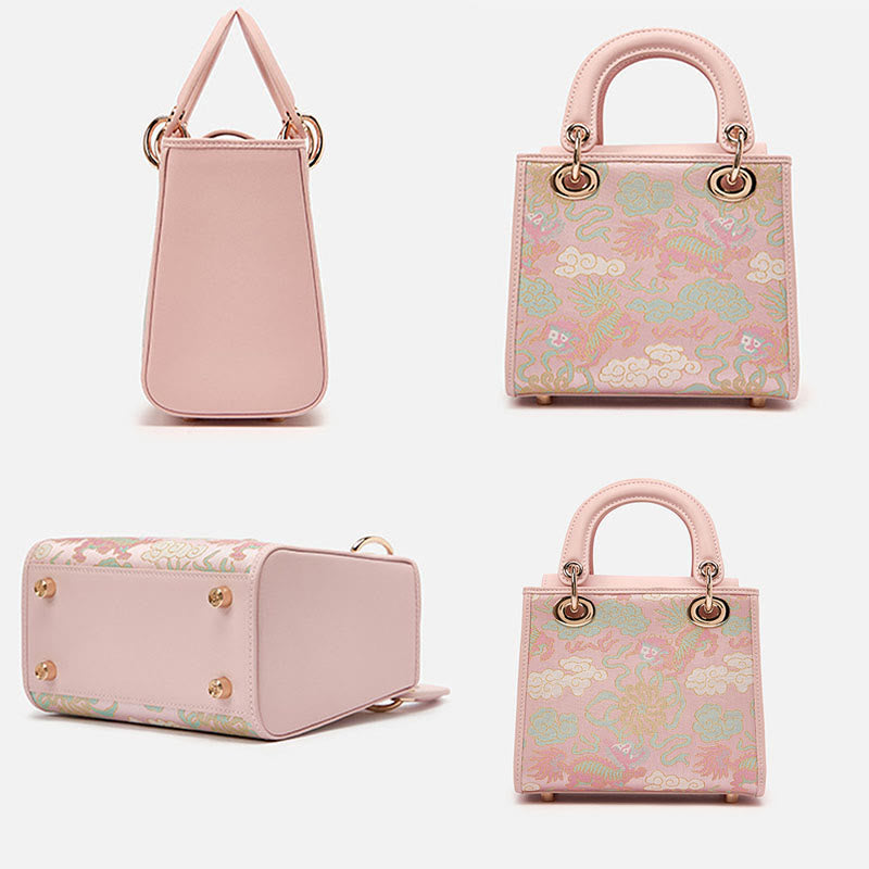 Echtes Leder Song Brokat Stickerei Maulbeerseide Quadratische Handtasche