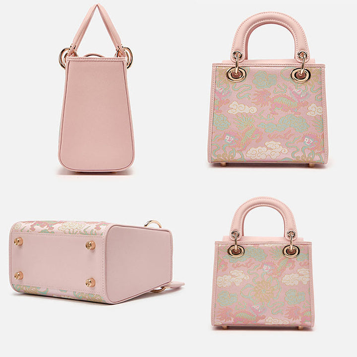 Echtes Leder Song Brokat Stickerei Maulbeerseide Quadratische Handtasche