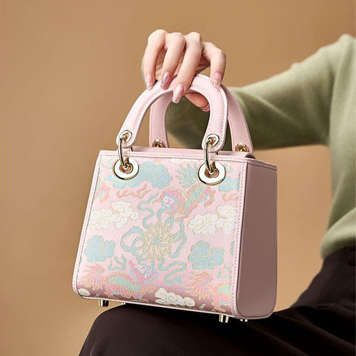 Echtes Leder Song Brokat Stickerei Maulbeerseide Quadratische Handtasche