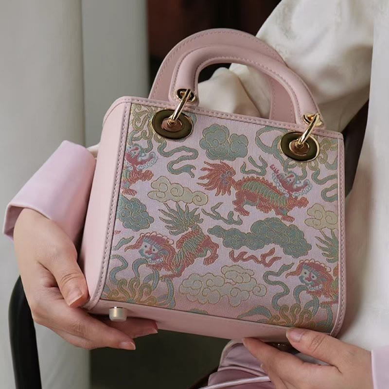 Echtes Leder Song Brokat Stickerei Maulbeerseide Quadratische Handtasche