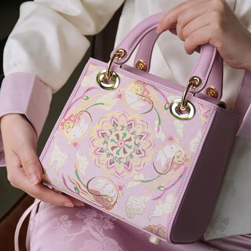 Echtes Leder Song Brokat Stickerei Maulbeerseide Quadratische Handtasche