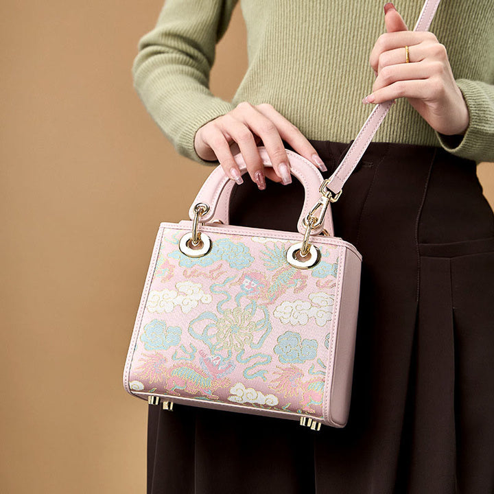 Echtes Leder Song Brokat Stickerei Maulbeerseide Quadratische Handtasche
