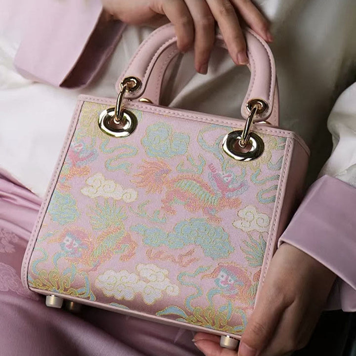 Echtes Leder Song Brokat Stickerei Maulbeerseide Quadratische Handtasche