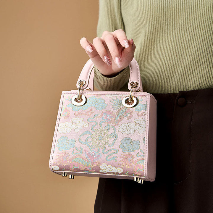 Echtes Leder Song Brokat Stickerei Maulbeerseide Quadratische Handtasche