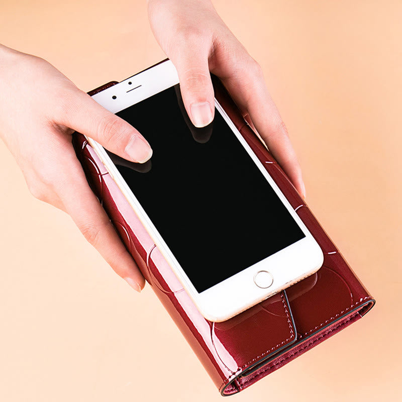 RFID-blockierende Schellack-Leder-Geldbörse mit langer Clutch für Damen