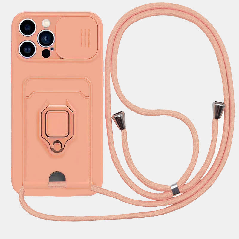 Handyhülle mit Lanyard für iPhone mit Kartensteckplatz, Schiebekamera-Objektivschutz