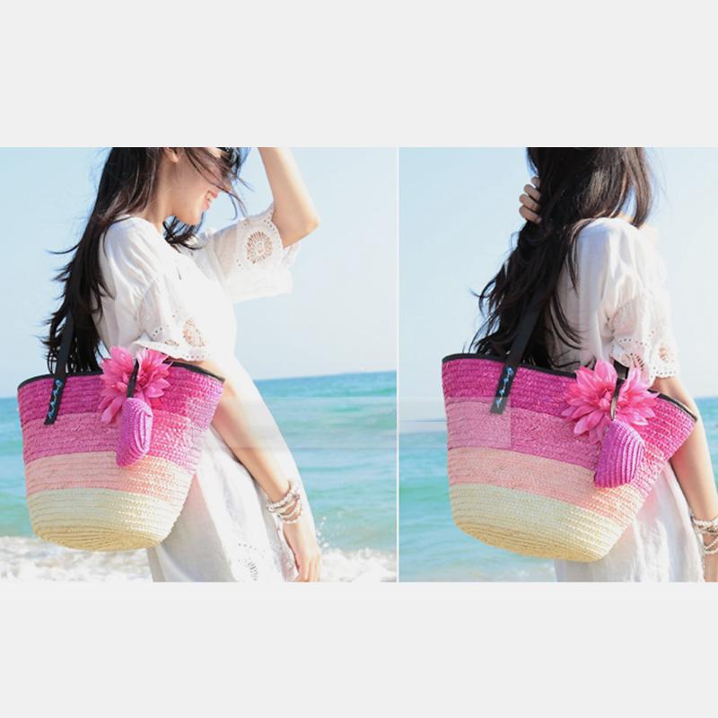 Sommerblumen-Strandtasche aus gewebtem Stroh, Reisetasche
